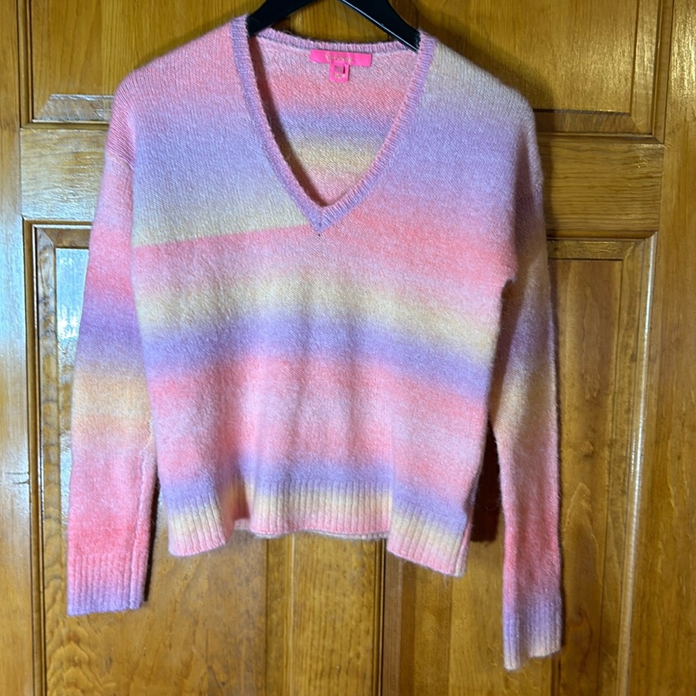 Lilly Pulitzer V-Neck Yummy Melon Paradise Wool Blend Sweater Sz XS-VGUC